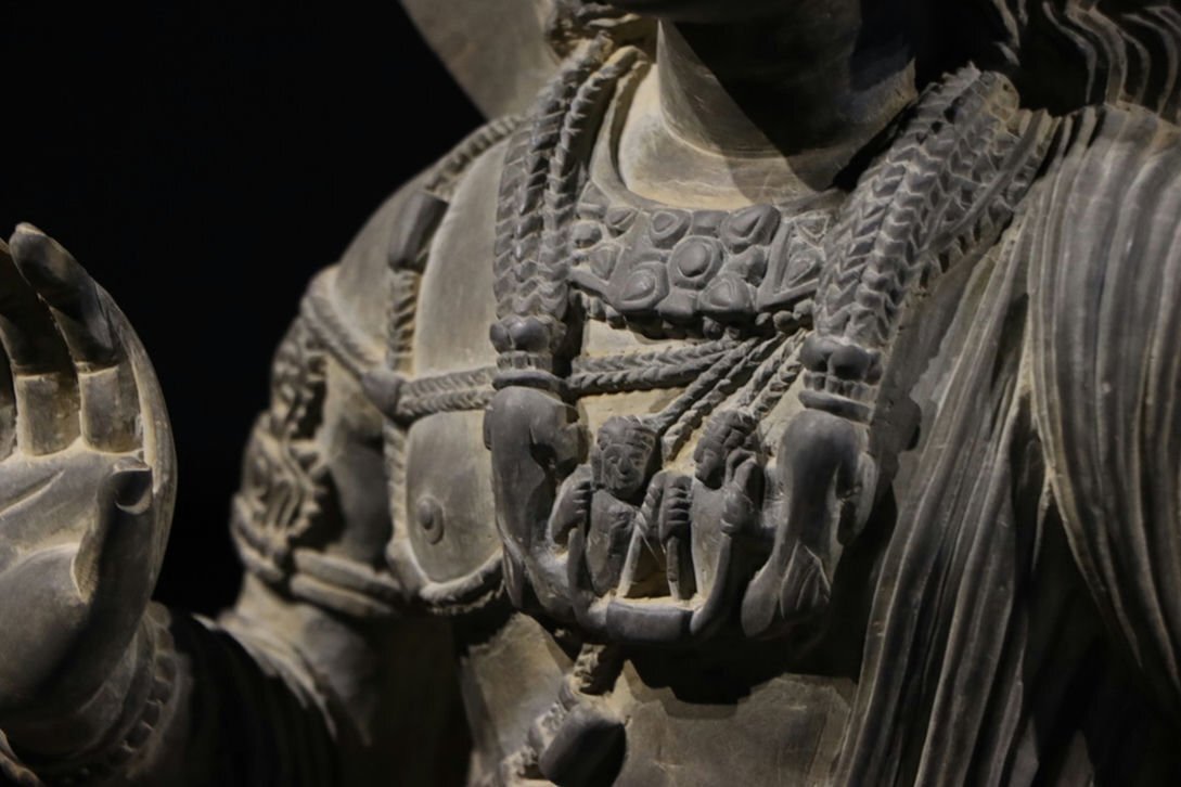 Gandhara Grey Schist Standing Bodhisattva with Halo Slab, Abhaya Gesture and Relief Base Frieze, Kushan-Era Style 82cm Monumental Stone Sculpture (Antique, 100+ Years)