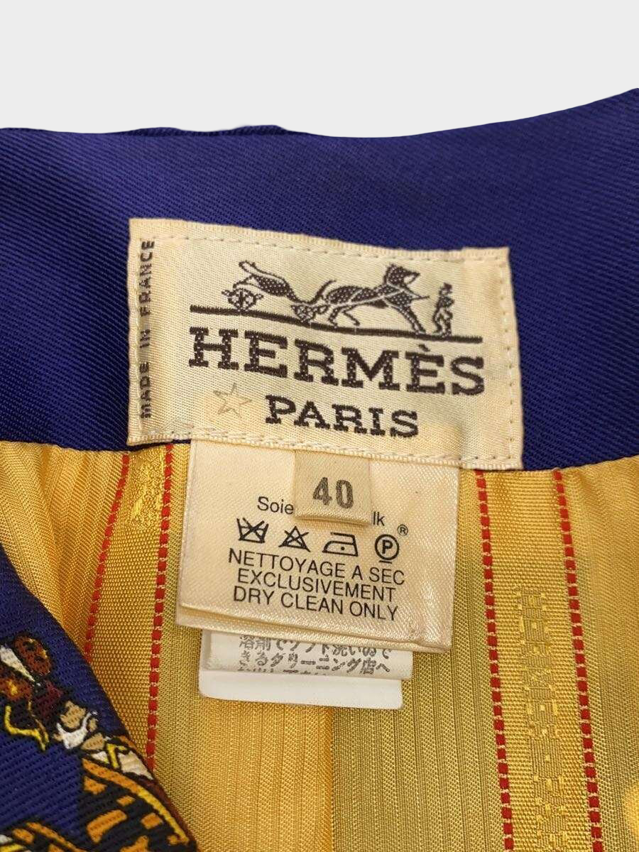 Hermès Navy Silk Scarf Print Tailored Jacket Size 40 Full Narrative Pattern Vintage France