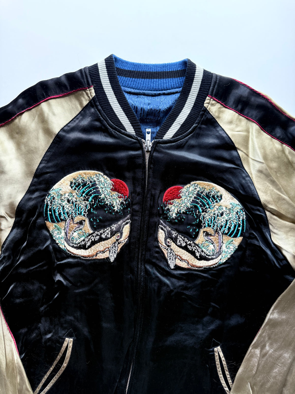Hyakka Ryoran Hokusai-Inspired Whale & Great Wave Sukajan, Gold Sleeves, Blue Jacquard Lining, Size L