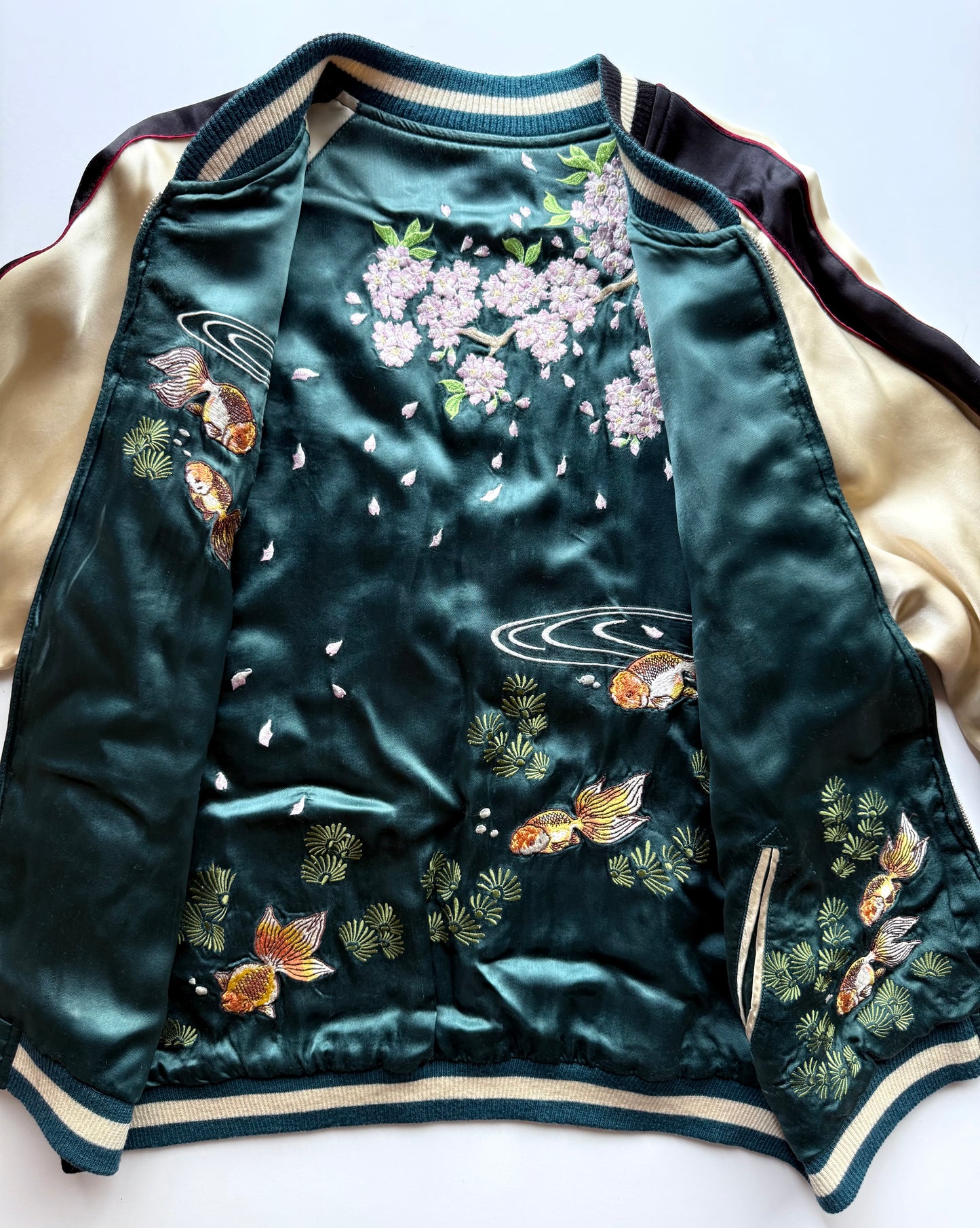 Vintage Reversible Sukajan Jacket Koi Fish Camellia Sakura Goldfish Embroidery Japanese Souvenir Bomber Size L
