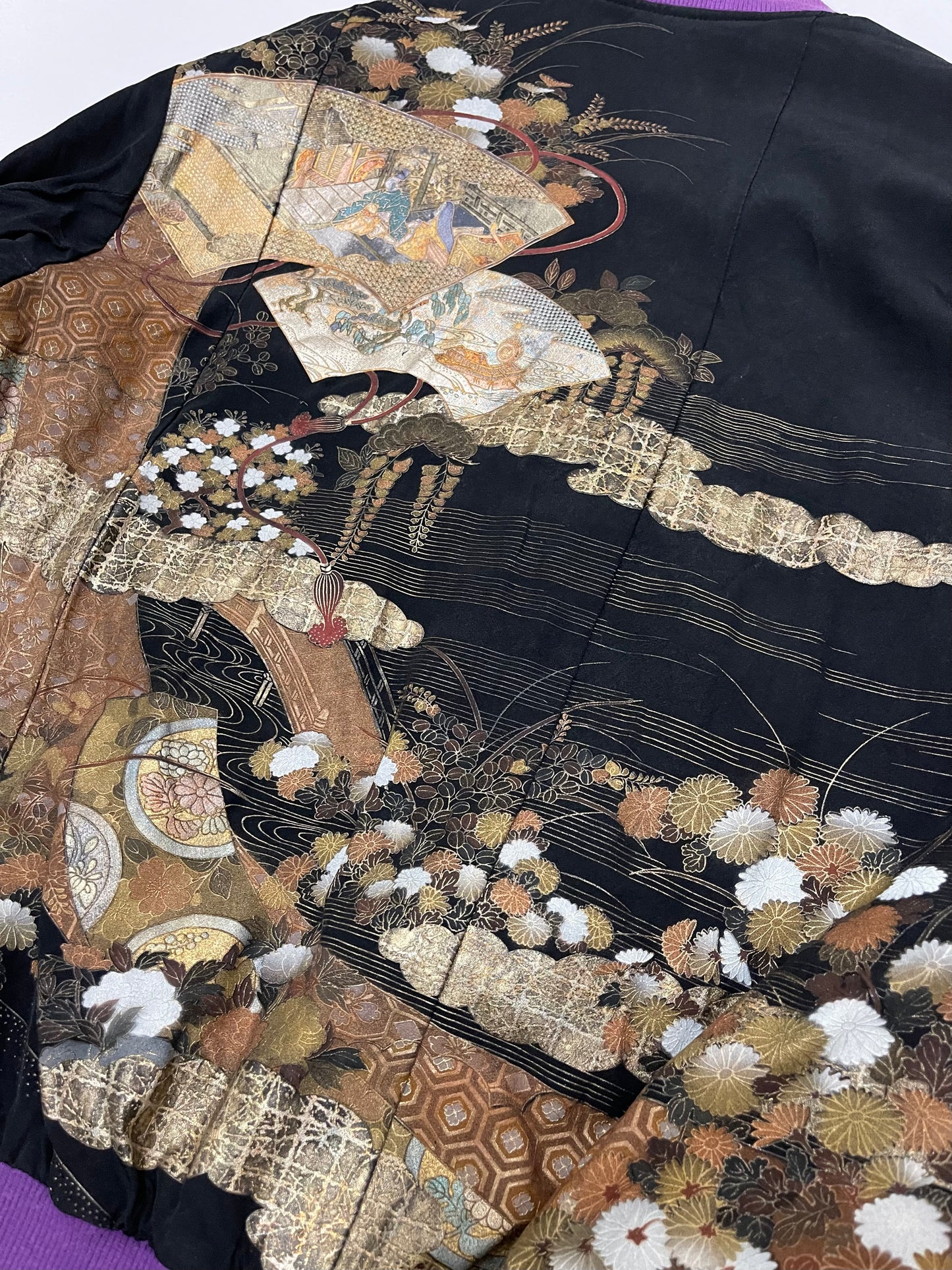 Bespoke Hypebeast Japanese Japan Vietnam War Vintage Handmade Custom One and Only One Cote Mer Upscale Street Fashion Embroidered Embroidery Kimono Obi Boro Remake Souvenir Sukajan Reversible Camo Bomber Riders Blousson Jacket ( Size : L )