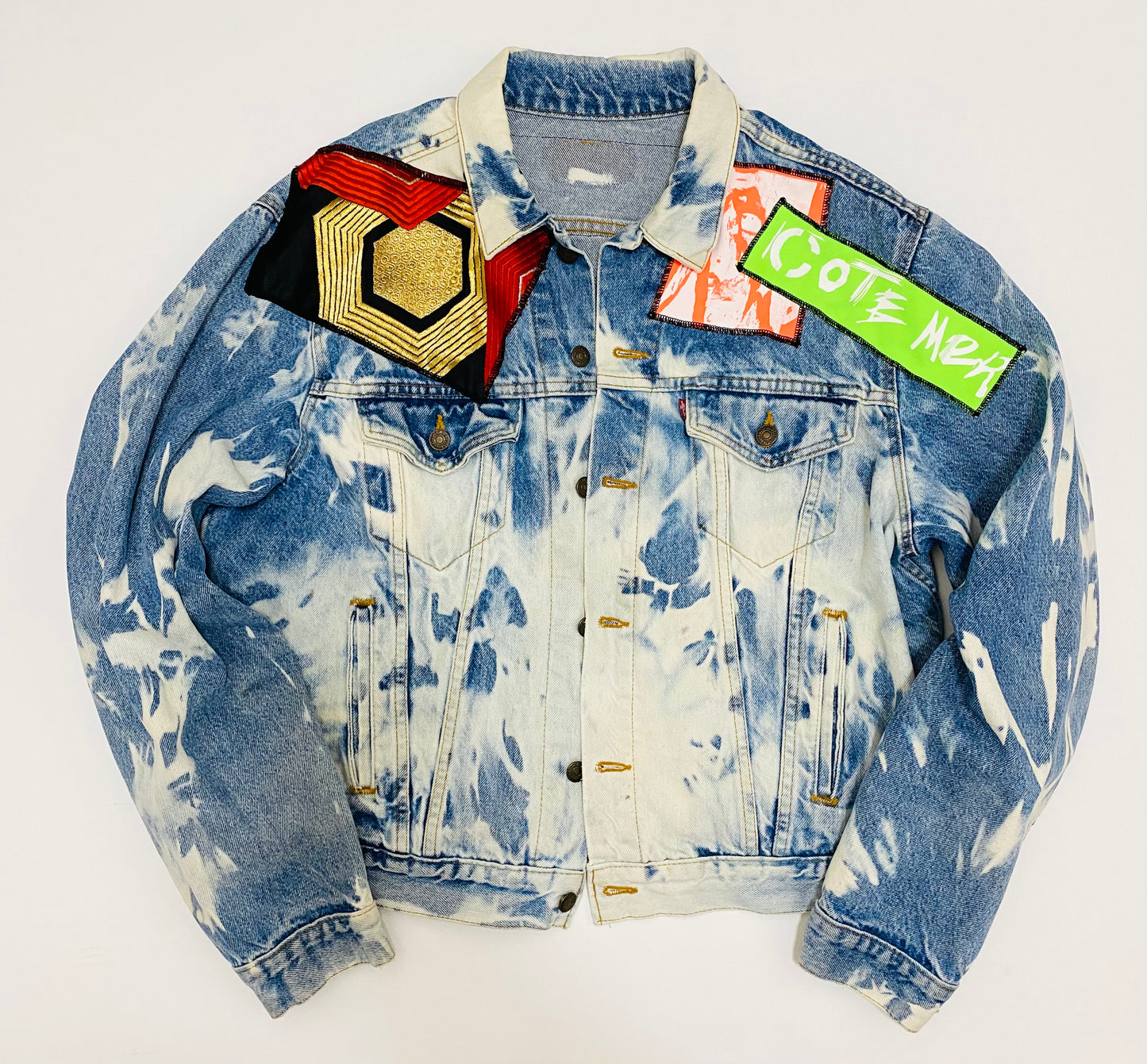 "Metallica" Bespoke Hypebeast Japanese Japan Vintage Beached Levi's Blue Handmade Custom One and Only One Cote Mer Upcycle Street Fashion Embroidered Embroidery Kimono Obi Boro Style Band Rap Tee T Shirt Patchwork Remake Denim Jacket ( Size : L - XL )