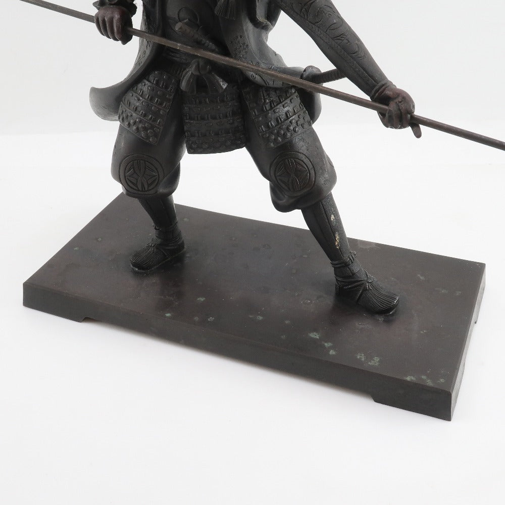 Japanese Metal Samurai Sculpture of Kato Kiyomasa | Spear-Bearing Warrior Figure | Heavy Metal Art Object