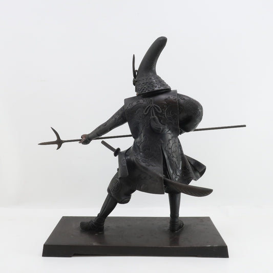 Japanese Metal Samurai Sculpture of Kato Kiyomasa | Spear-Bearing Warrior Figure | Heavy Metal Art Object