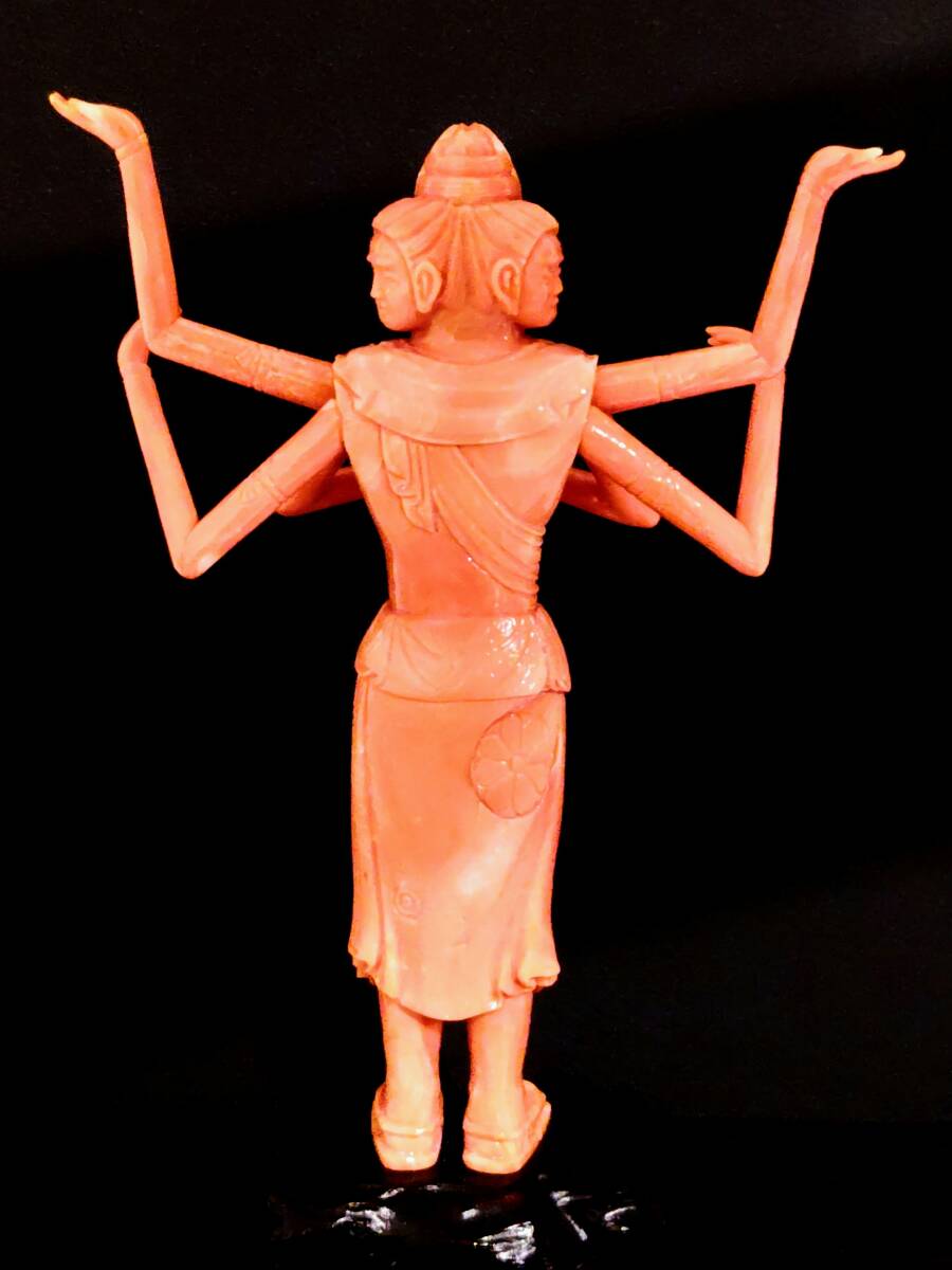 Japanese Red Coral Avalokiteshvara (Kannon Bosatsu) Sculpture by Kumazawa Kizan, Artisan Buddhist Carving with Original Case