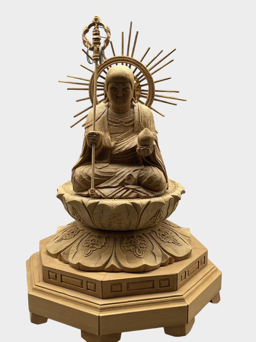 Vintage Serene Wooden Jizō Bosatsu Buddhist Statue with Lotus Base