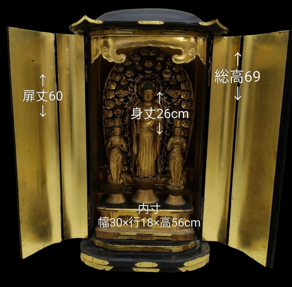 Japanese Zensho-ji–Style Amida Triad with Wooden Zushi Shrine, Zenko-ji Tradition, Edo Period Pure Land Buddhist Ensemble