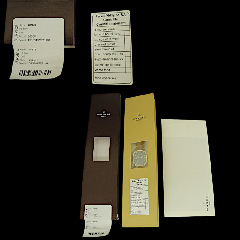 Patek Philippe Golden Ellipse Jumbo 3605/1J · 18K Gold Integrated Bracelet · Automatic Cal.28-255 · Blue-Grey Sunburst Dial · 1970s Vintage