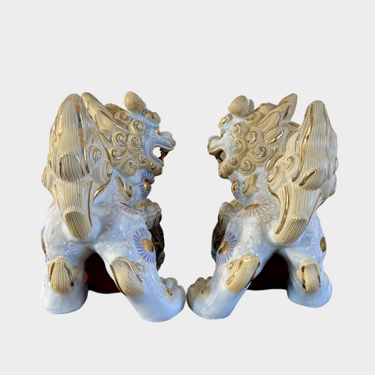 Kutani Shishi Guardian Lion Pair Large Japanese Polychrome Ceramic Foo Dogs Interior Decor