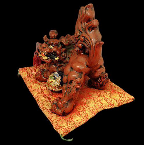 Kutani Ware Guardian Lion with Sacred Jewel — Monumental 37cm Shishi Koma Inu Figure on Brocade Cushion — Early 20th‑Century Japanese Folk Sculpture