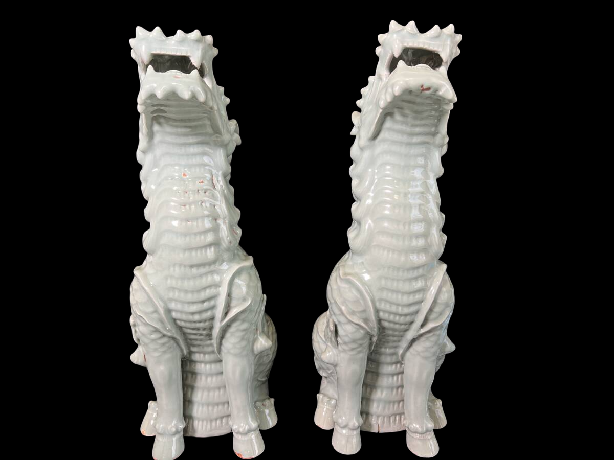 Large Celadon Qilin Guardian Pair — Edo Period Japanese Porcelain — Mythical Beast Sculptures (48 cm)