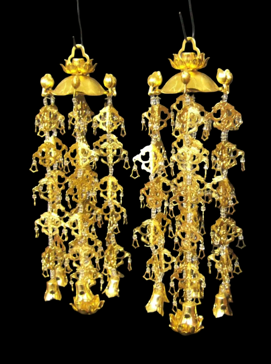 Large Lotus-Canopy Yoraku Hanging Ornament Pair — Gilt-Finish Aluminum, 5-Tier / 7-Drop (Temple Hardware)