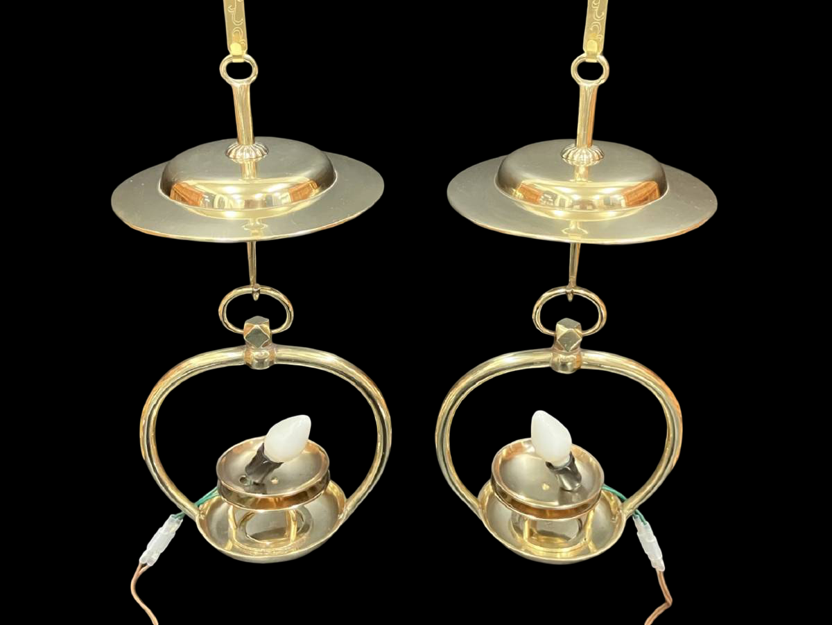 Gilt Temple Hanging Lanterns (Pair) — Tiered Rintō‑Style Electric‑Converted Buddhist Altar Lights
