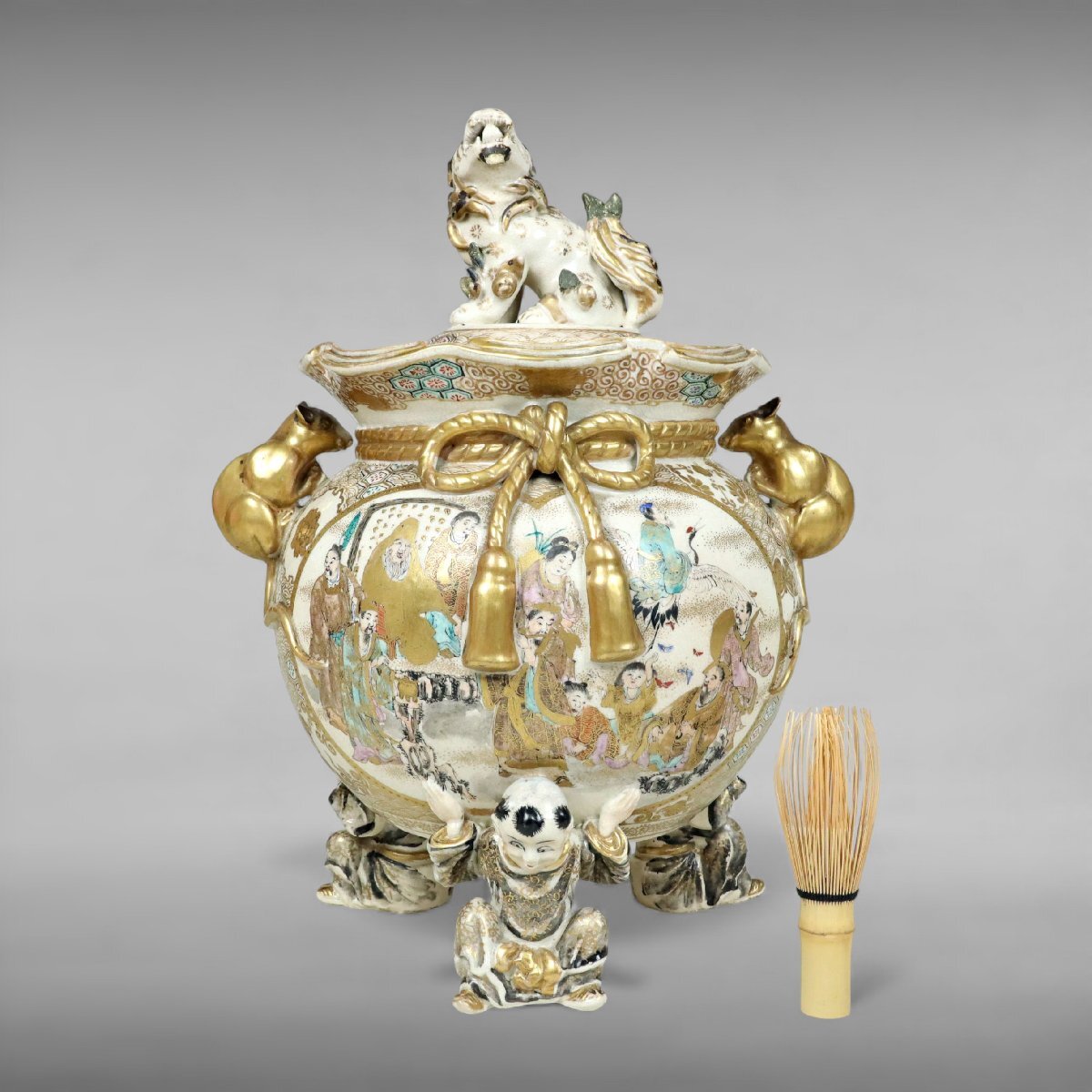 Late Edo–Meiji Satsuma Ware Incense Burner — Gilt Export Koro with Figural Panels