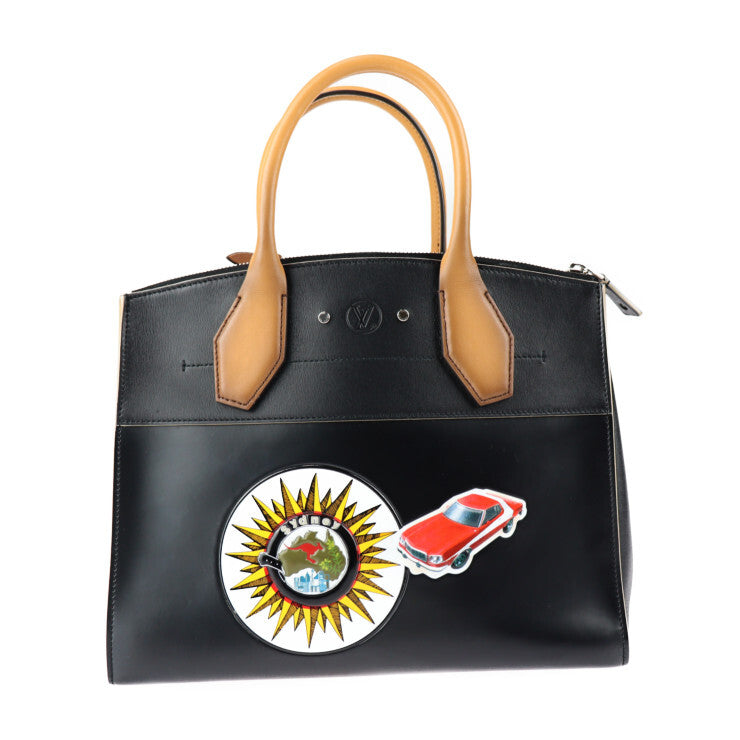 Louis Vuitton City Steamer MM M43080 – Black Leather 2WAY Tote + Multicolor Patches – Silver Hardware – AB Rank Authentic LV Handbag