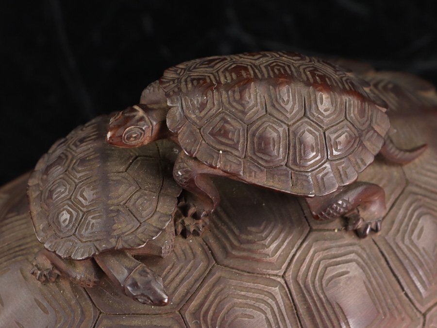 Master Japanese Wood-Carved Longevity Turtle with Rider — Mid-Century Sculptural Work — Period Storage Box Included