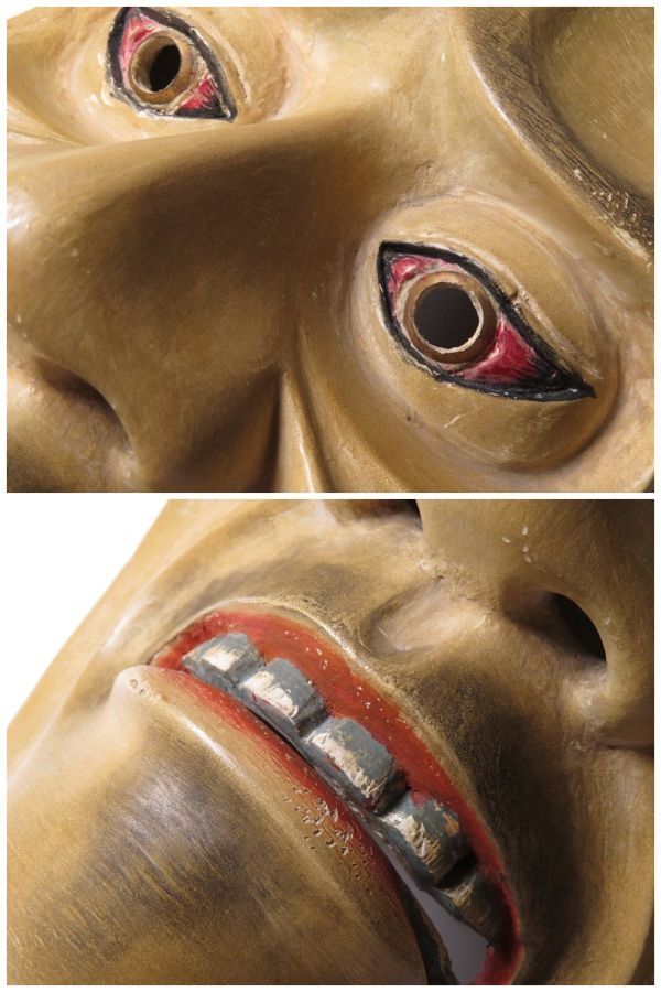 Meiji–Era Noh Mask “Ikaku Sen’nin” (One-Horn Immortal) · Hand-Carved Wooden Nōmen · Classical Japanese Theatre Artifact · With Mask Bag