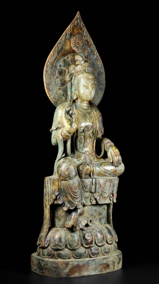 Hetian Jade Lotus Guanyin Sculpture · Monumental 72cm Carved Chinese Sacred Figure · Museum-Scale Buddhist Art Object