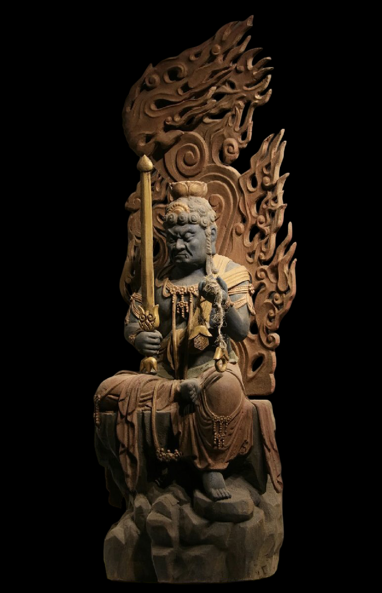 Monumental Temple-Scale Fudo Myoo Statue with Flame Mandorla — Seated Guardian, Sword & Rope Iconography, Approx. 142 cm (Vintage)