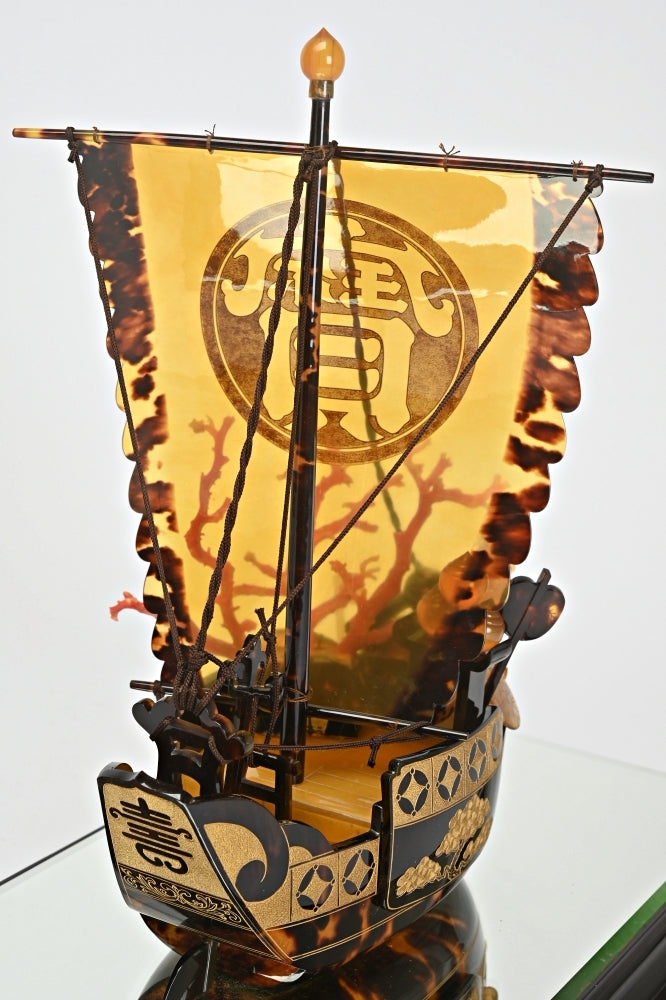 Nagasaki Bekko Phoenix Treasure Ship — Plate-Constructed Decorative Vessel with Blood-Red Coral Accents | Includes Glass Display Case (30 cm)