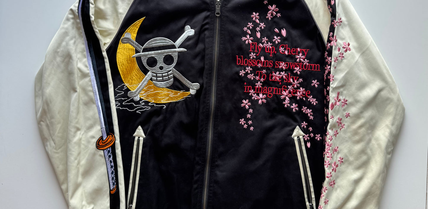 ONE PIECE Reversible Sukajan Jacket Luffy Zoro Nami Embroidery, Mugiwara Pirates Anime Souvenir Bomber, Relaxed L–XL Fit