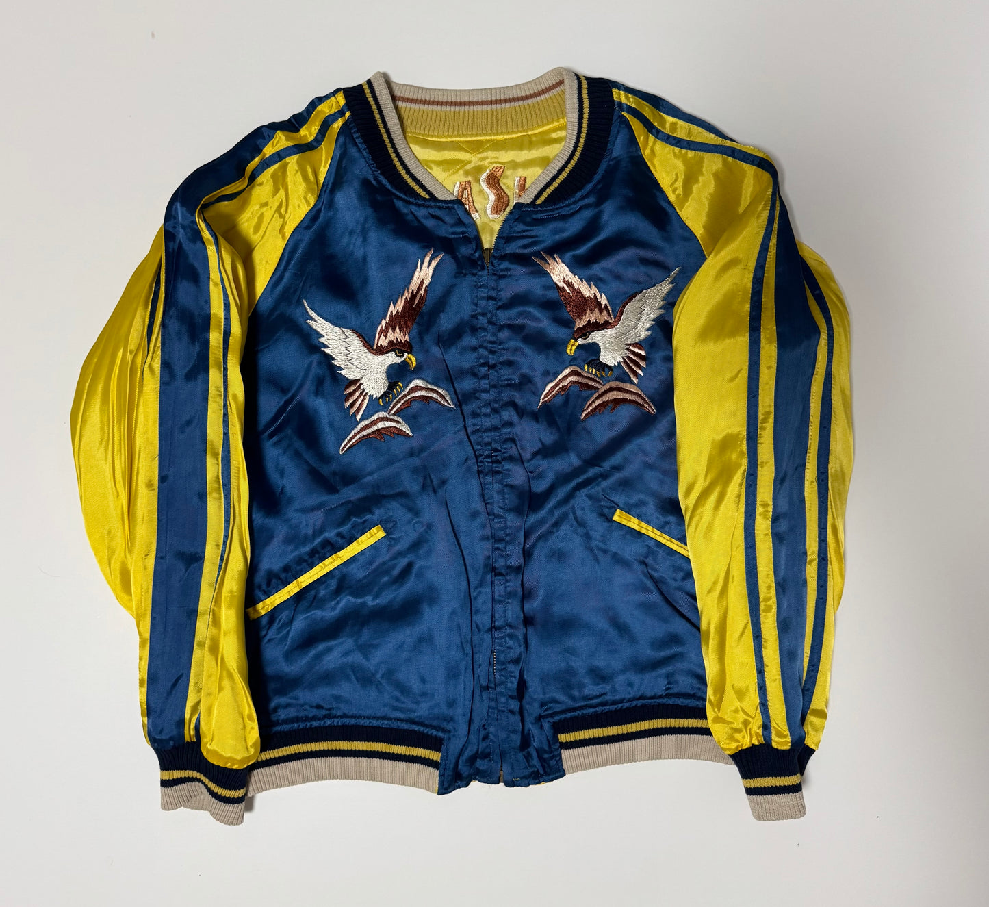 Vintage Alaska Souvenir Jacket Reversible Polar Bear Map Eagle Embroidered Sukajan Bomber Blue Yellow Size M
