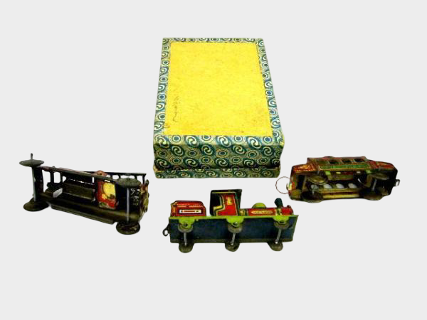 Pre-War Japanese Tin Toy Boxed Vehicle Set — Train, Car & Fire Truck — Hand-Push Action, Early Showa Japan