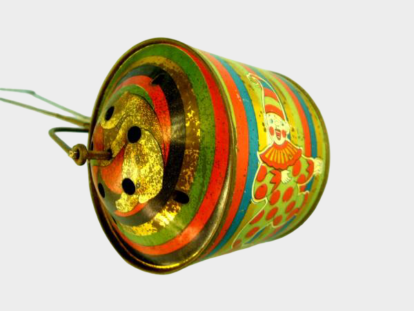 Antique Prewar Japanese Rolling Melody Tin Toy Pierrot Child Motif