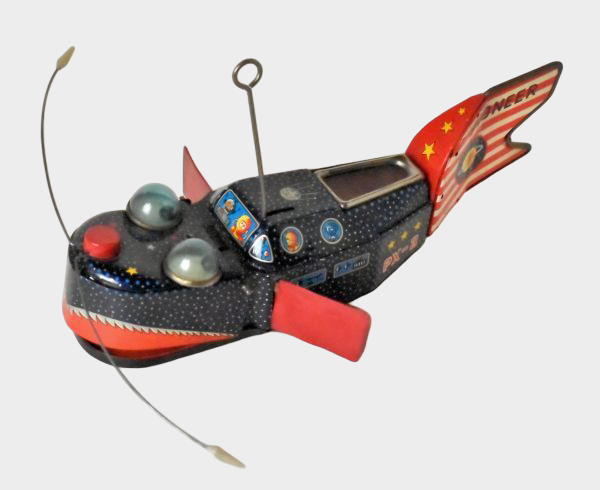 Yoshiya Showa Japanese Tin Space Whale Ship — Space-Age Rocket Submarine Toy, Lithographed Metal, Retro Wind-Up Era Design