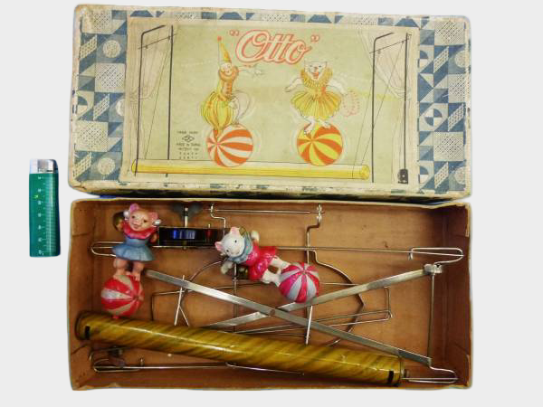 Prewar Japanese Tin Cat Ball-Riding Toy with Celluloid Figures Wind-Up Boxed