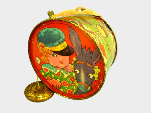 Prewar Japanese Antique Tin Drum Toy Illustrated Child & Animal Motif