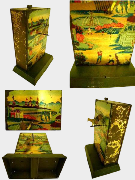 Prewar Japanese Tin Wind-Up Athletic Strength Tester — Scenic Backboard Mechanical Display Toy, Made in Japan