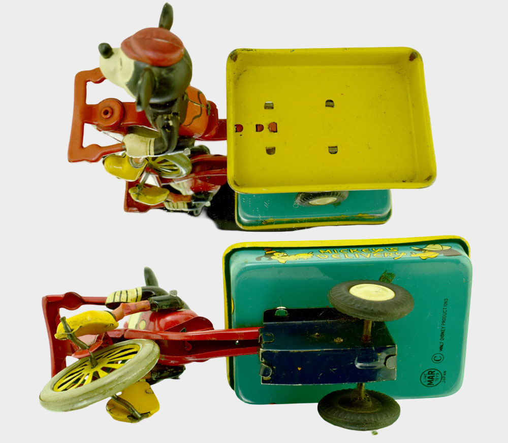 1950s Line Mar Mickey Mouse Delivery Tricycle — Japanese Celluloid & Tin Disney Export Toy