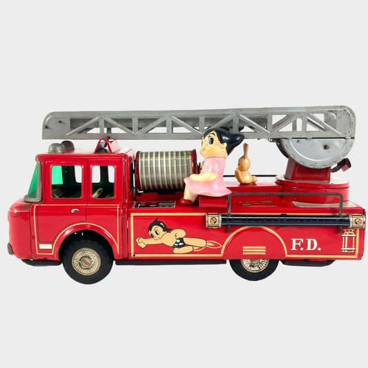 Large Showa-Era Japanese Tin Fire Ladder Truck with Astro Boy (Atom), Oversized Character Vehicle, Vintage Tinplate Toy