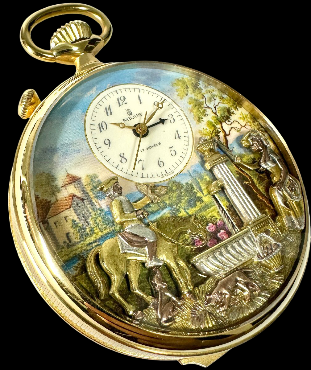 REUGE Vintage Automaton Pocket Watch 6868 – Hand-Wound – Multicolor Relief Art Case 58mm – Collector Decorative Timepiece GP