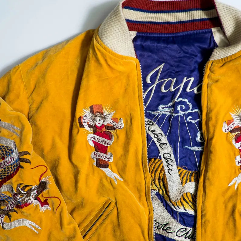 GORGEOUS Vintage Blue Yellow Sukajan Jacket Biker Embroidery | Eagle, Dragon, Angel & Tiger Tattoo Art Reversible Souvenir Bomber Jacket