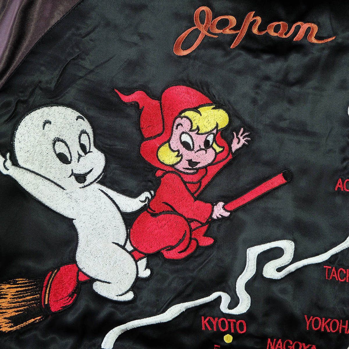 Vintage Casper the Friendly Ghost Japan Map Reversible Sukajan Souvenir Jacket | Witch Broom Cherry Blossom Brocade Bomber