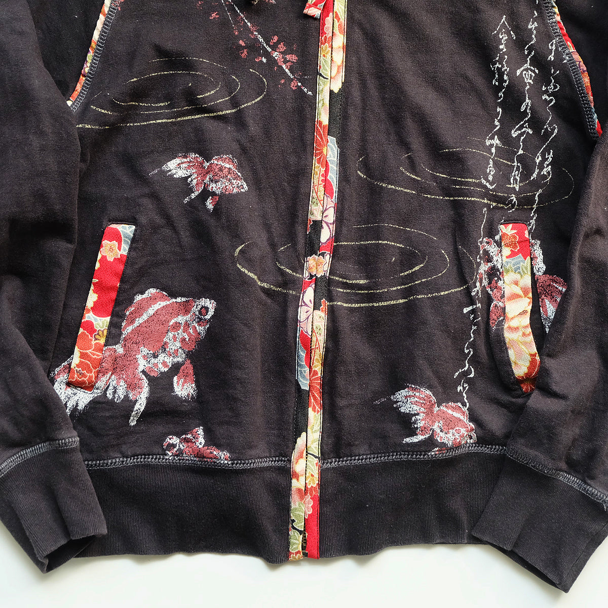 Vintage Wagara Koi Fish Hoodie Japanese Embroidered Zip Up Kimono Fabric Trim Sakura Streetwear Japan Jacket