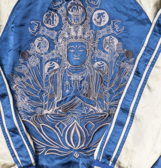 Rare Senju Kannon Reversible Sukajan Jacket – Blue Buddhist Embroidery & Black Gold Brocade Japanese Souvenir Bomber