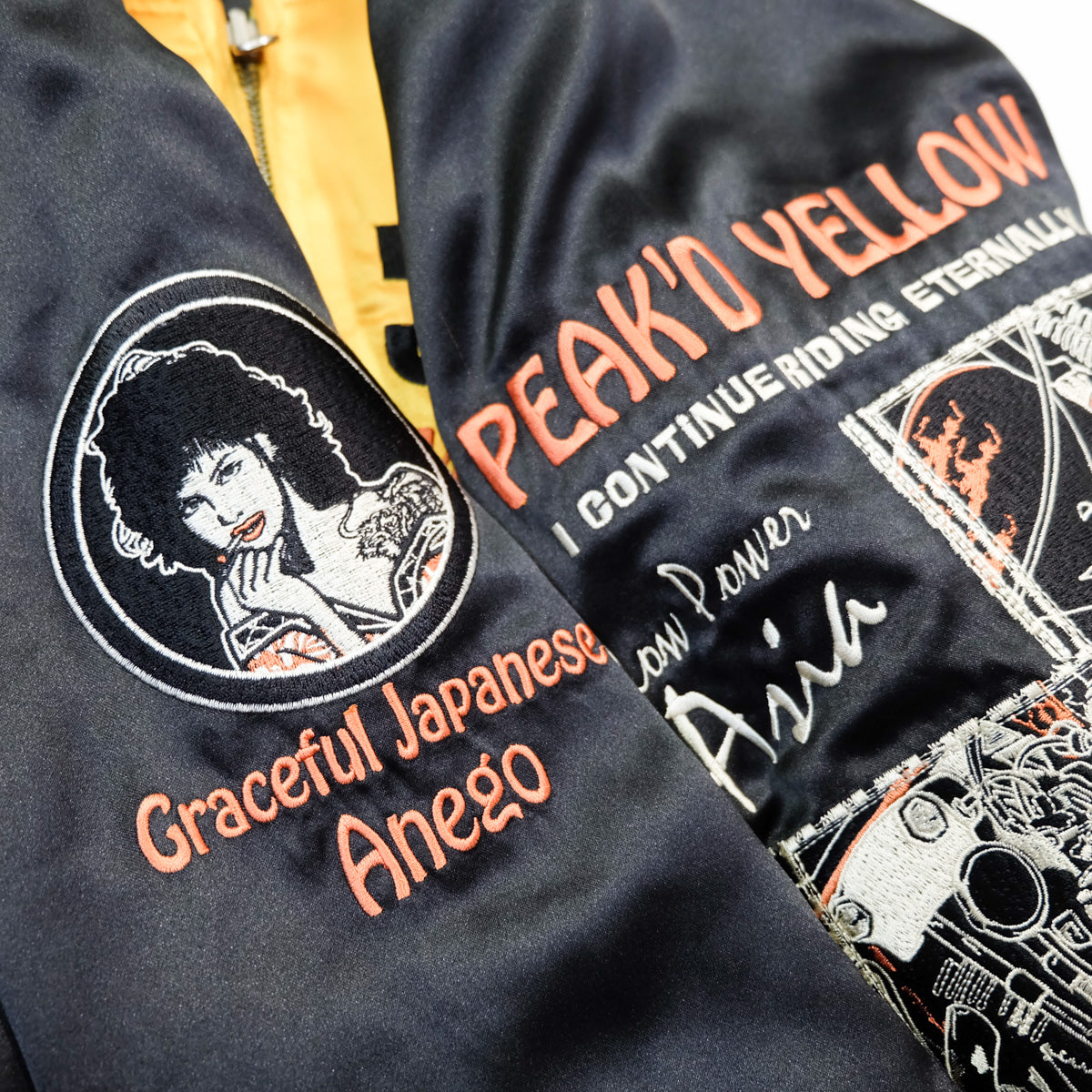Badass TEDMAN Clothing EFU Shokai Pop Yellow Japanese Japan Oiran Geisha Kimono Ukiyoe Oiran Tattoo Art Design Embroidered Embroidery Reversible Sukajan Souvenir Sukajum Skajum Tattoo Art Design Yokosuka Jumper Biker MA-1 Bomber Jacket ( Size : 40 / M  )