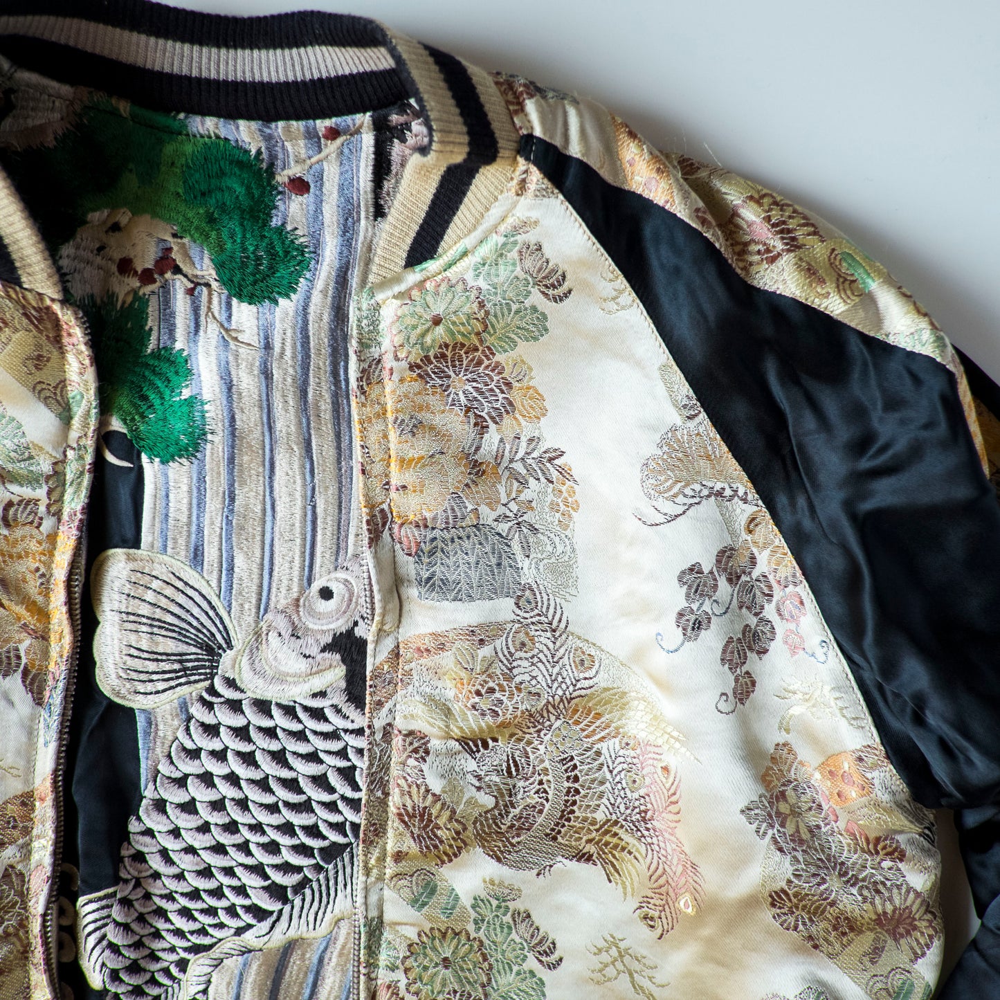 Vintage Japanese Koi Waterfall Sukajan Jacket Black Ivory Embroidered Wagara Yokosuka Souvenir Bomber
