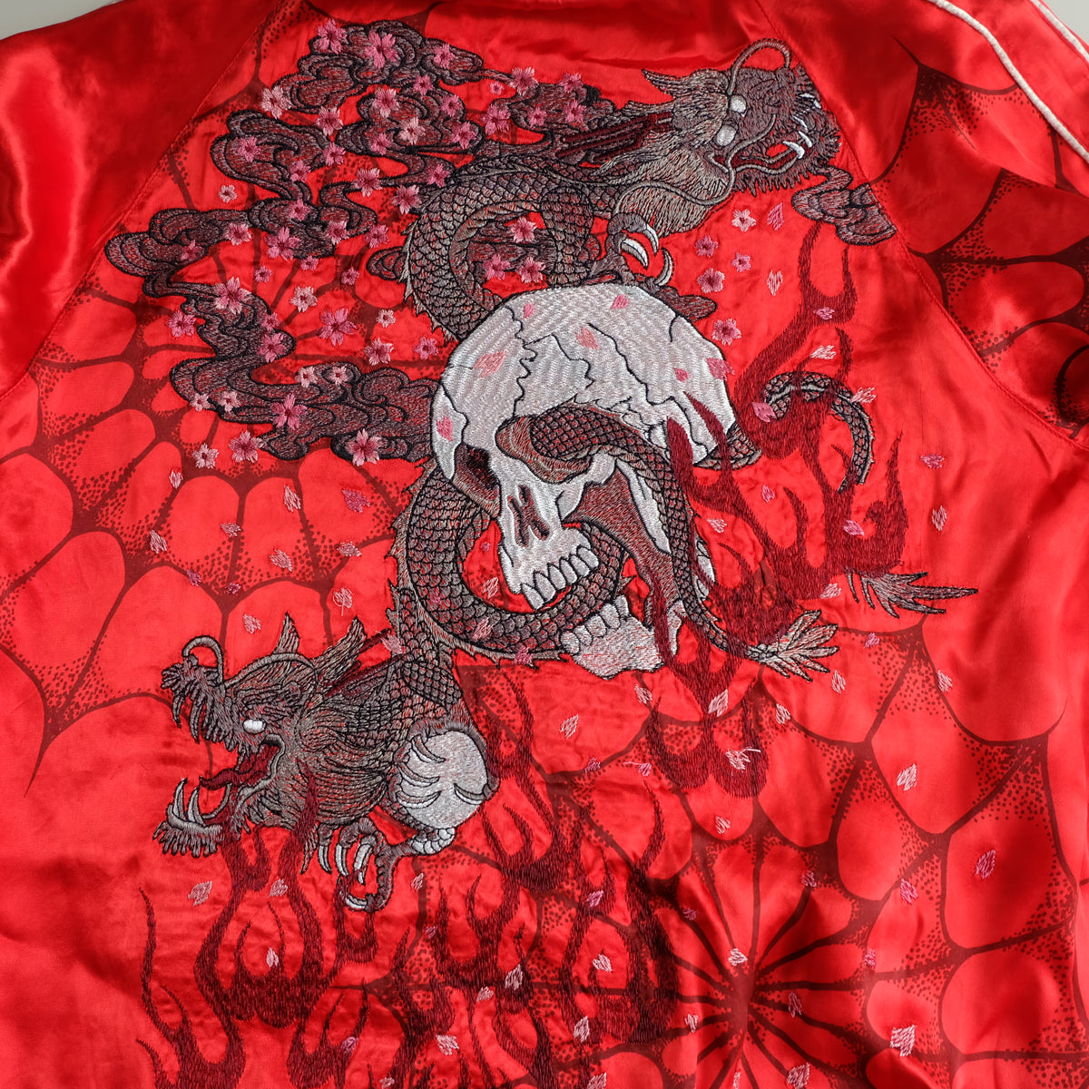Miyabi Musubi Vintage Japanese Reversible Sukajan Jacket | Red Satin Dragon, Koi & Skull Embroidery | Punk Rock n Roll Souvenir Bomber Collectible L