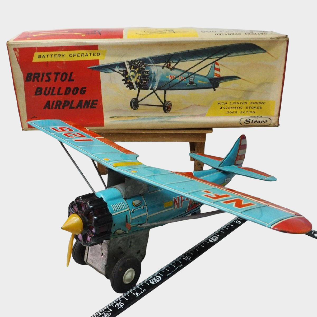 S&E Bristol Bulldog NF-125 Tin Airplane with Box — Showa Japanese Battery-Operated Aircraft