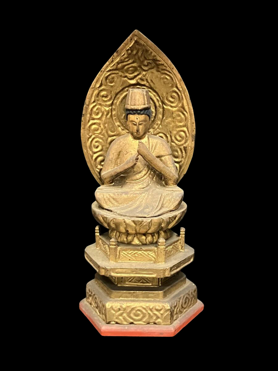 Shingon “San-son” Devotional Trio — Dainichi Nyorai, Fudo Myoo, and Kobo Daishi (Polychrome Wood Figures) — Compact Altar-Ready Set with Gilt Accents