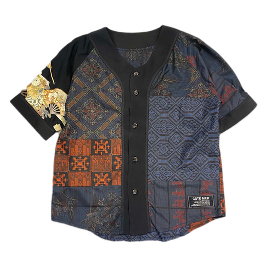 Bespoke Shibui Japanese Vintage Style Handmade Wagara Kimono Remake Custom COTE MER Upcycle Sustainable Street Fashion Obi Boro Design Inspired Paisley BASEBALL Tops Shirt ( Size : XL )