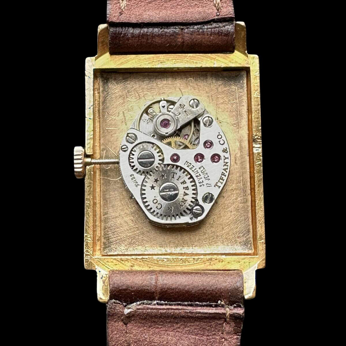 Tiffany & Co. Vintage Rectangular Gold-Plated Watch 1950s–60s Swiss Manual-Wind Roman Dial Brown Strap – Antique Tiffany Timepiece