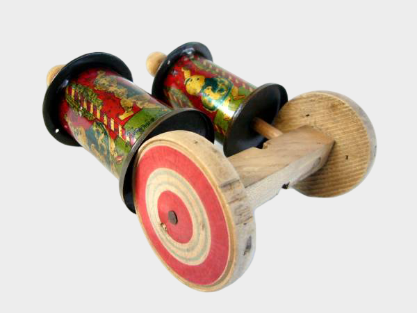 Pre-War Japanese Kewpie Tin Push Toy Double Roller Cylinders Wood Base Rare