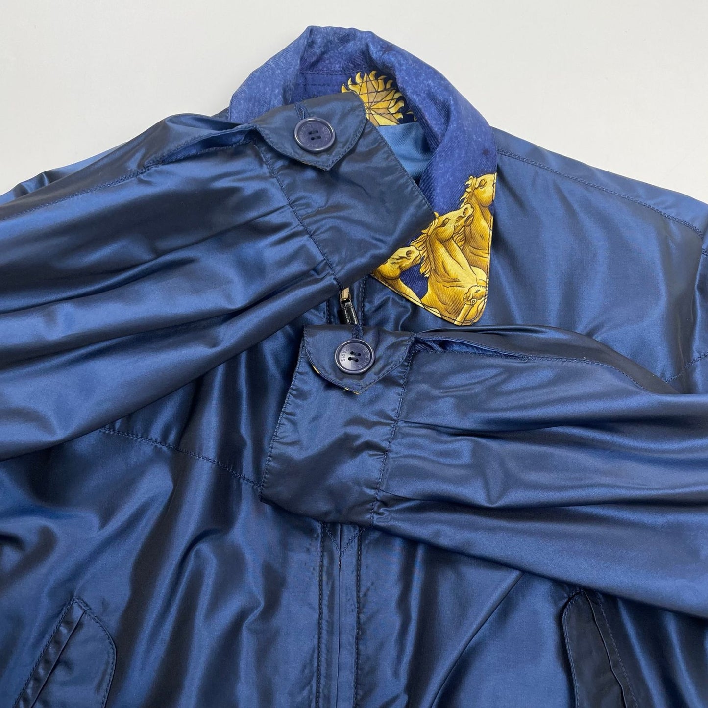 Vintage Hermès COSMOS Silk Reversible Jacket Navy Gold Equestrian Print Size 40 France