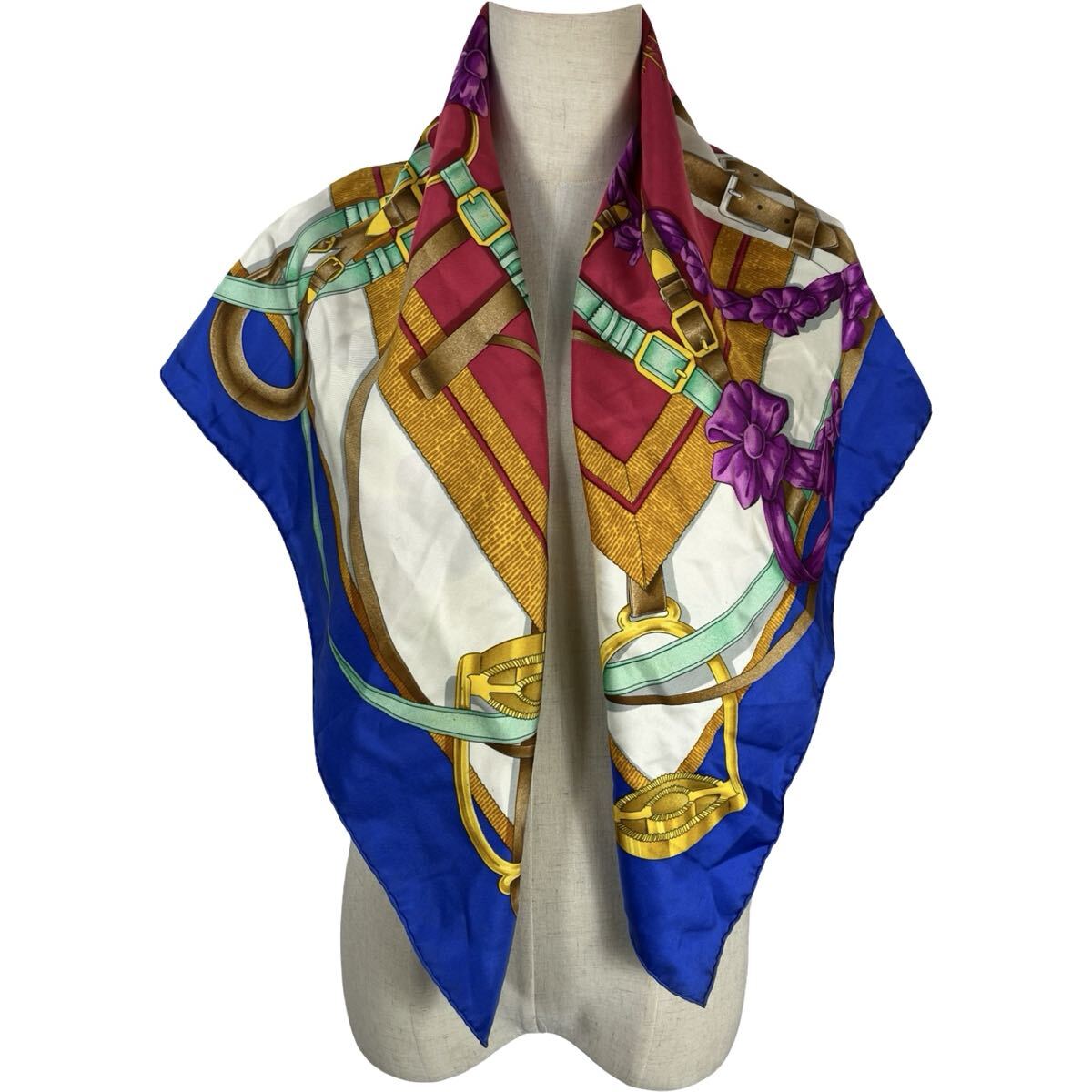 Vintage Hermès Red Blue Gold Equestrian Harness Silk Scarf 80cm Square