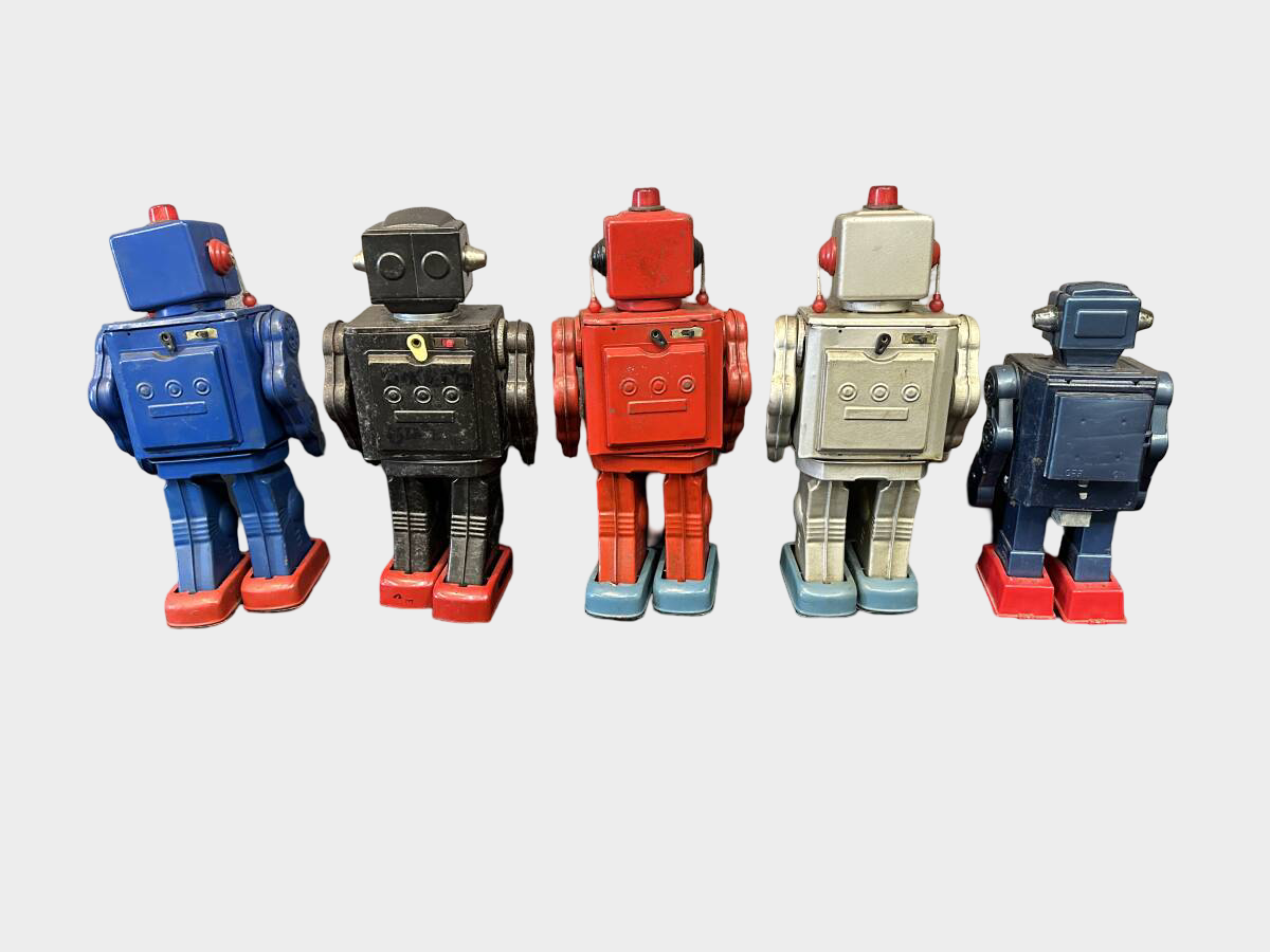 Vintage Japanese Horikawa Tin Robot Group Collection Set Showa Era Battery & Friction Robots Display 5 pcs Lot Set